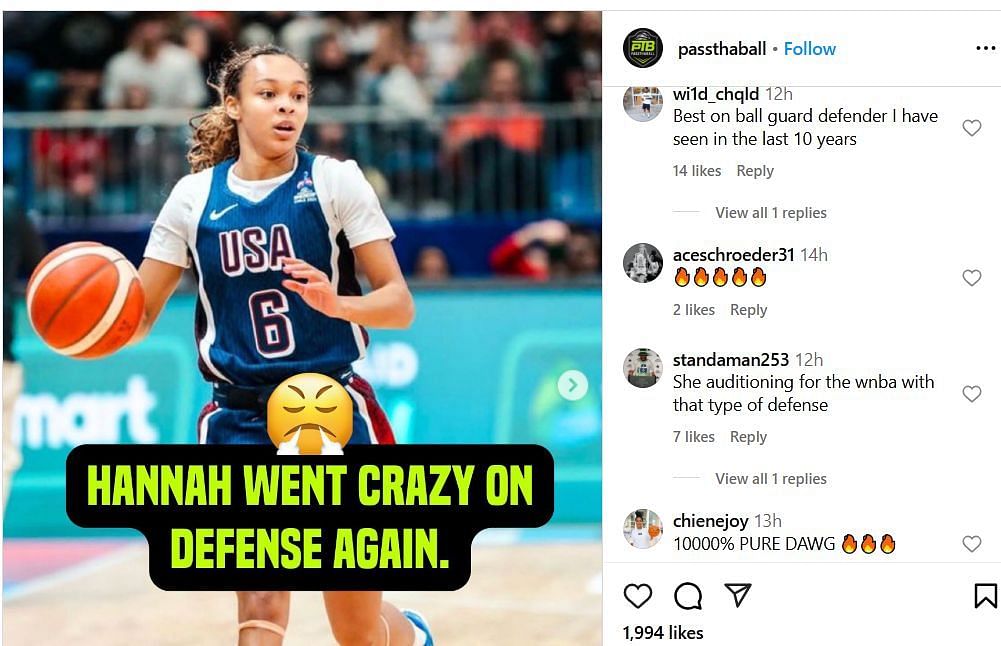 College hoop fans react to Hannah Hidalgo's defensive display during USA's blowout win vs Mexico at women's AmerCup on IG. Image via @passthaball